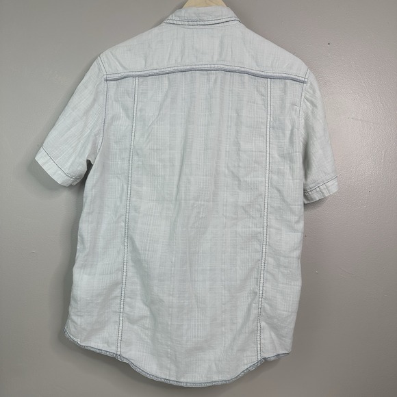 Rustic Blue Shirt Mens L White Button Up Embroidered Cotton Linen - Picture 6 of 11